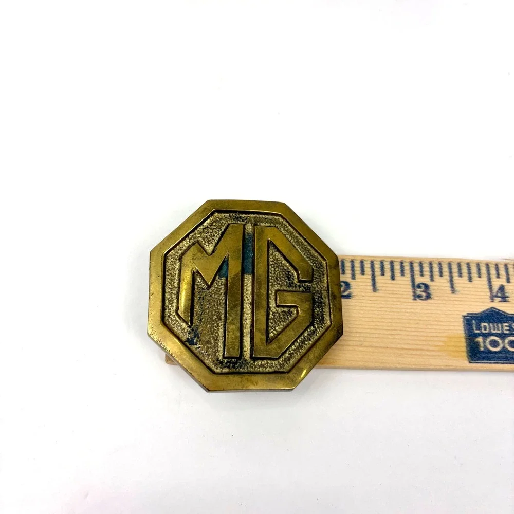Vintage MG Motor Cars Solid Brass Belt Buckle Octagon Logo Automotive Accessory